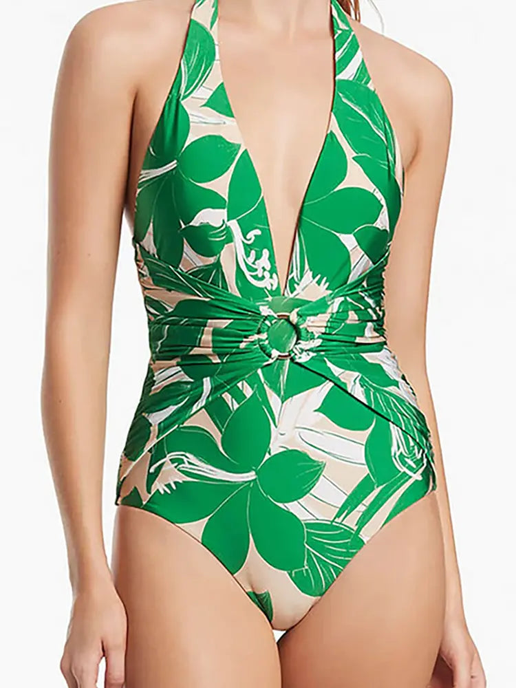 Women's green halter deep-v one-piece swimsuit