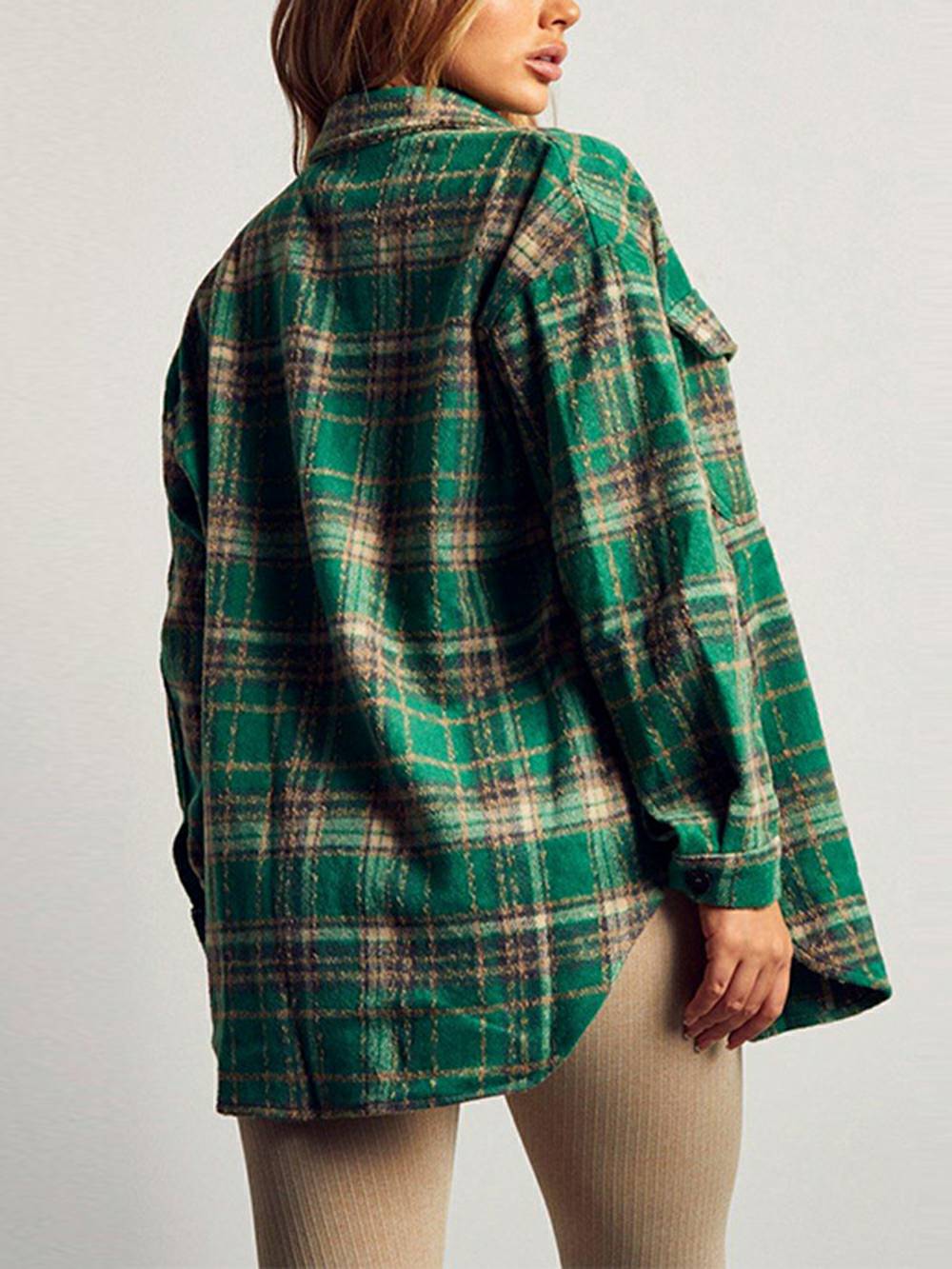 Women's green plaid button-down shirt, styled outfit