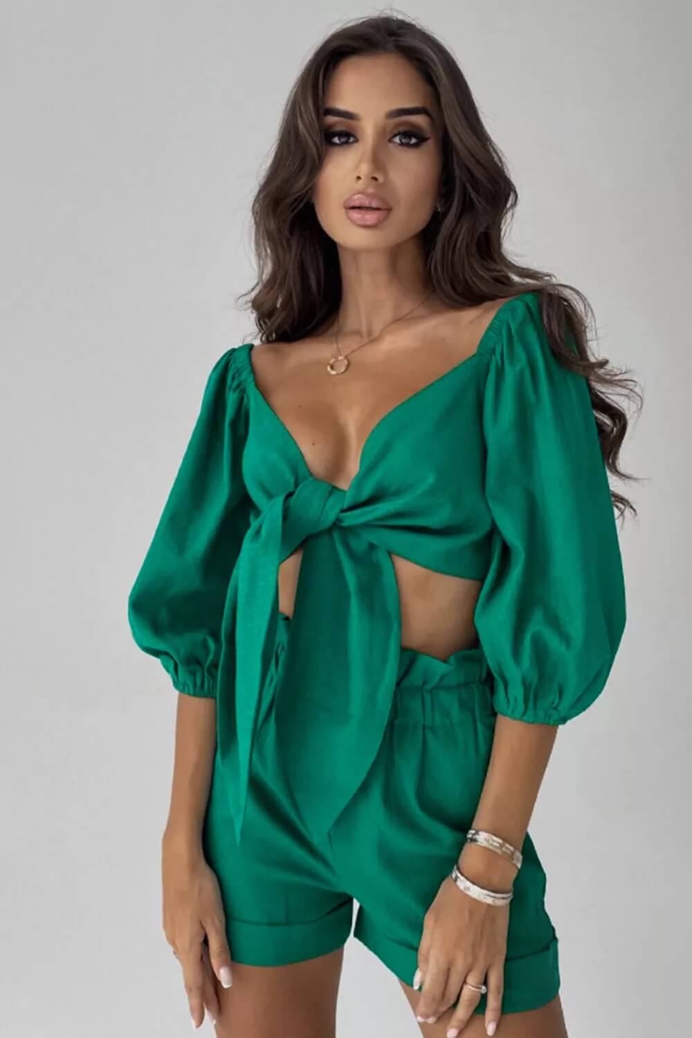 Women's Green Wrap Front Puff Sleeve Shorts Set