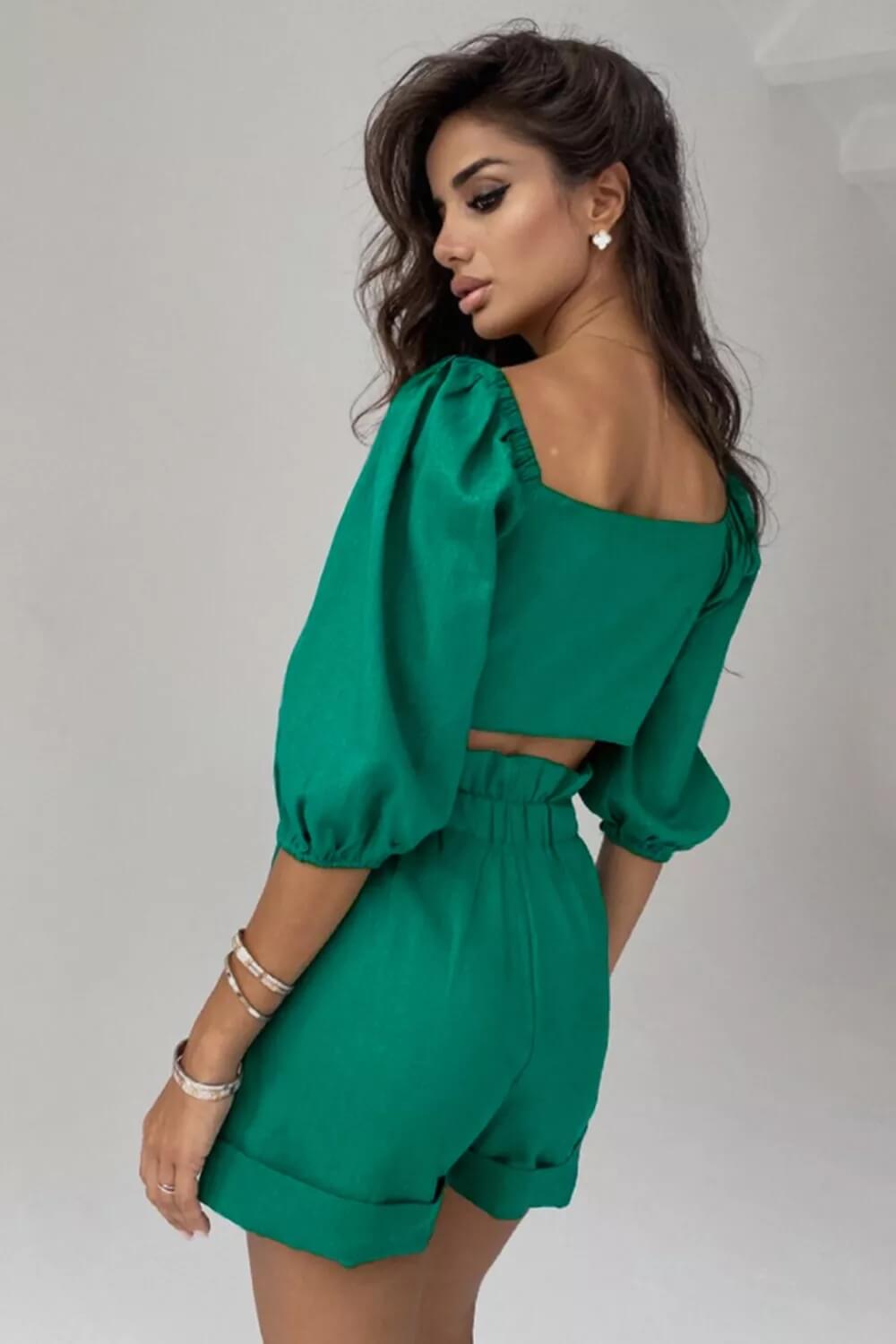 Women's Green Wrap Front Puff Sleeve Shorts Set — detail view