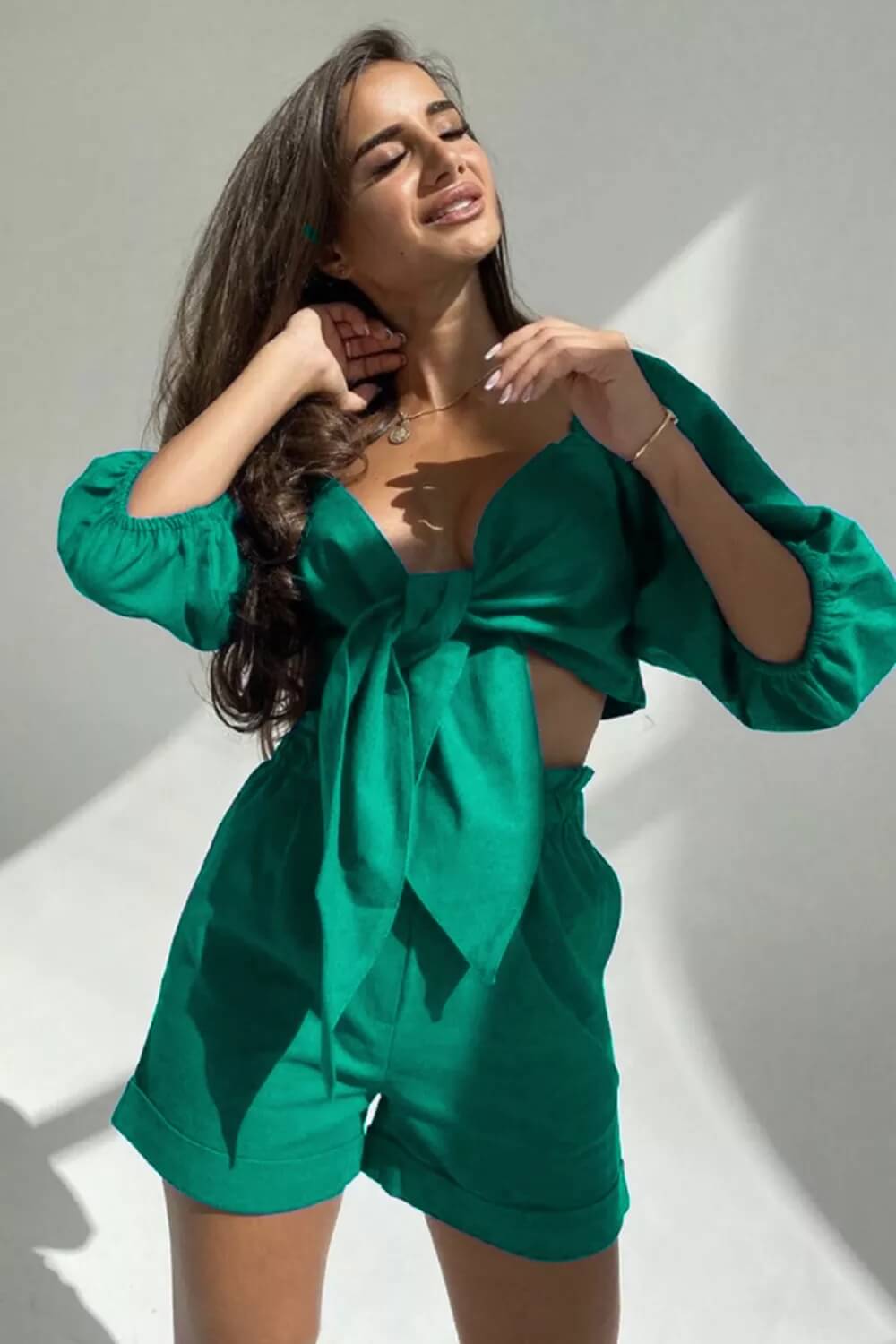 Women's Green Wrap Front Puff Sleeve Shorts Set
