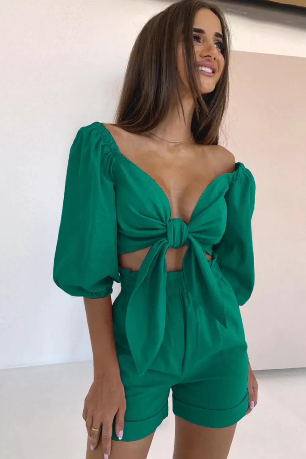 Women's Green Wrap Front Puff Sleeve Shorts Set