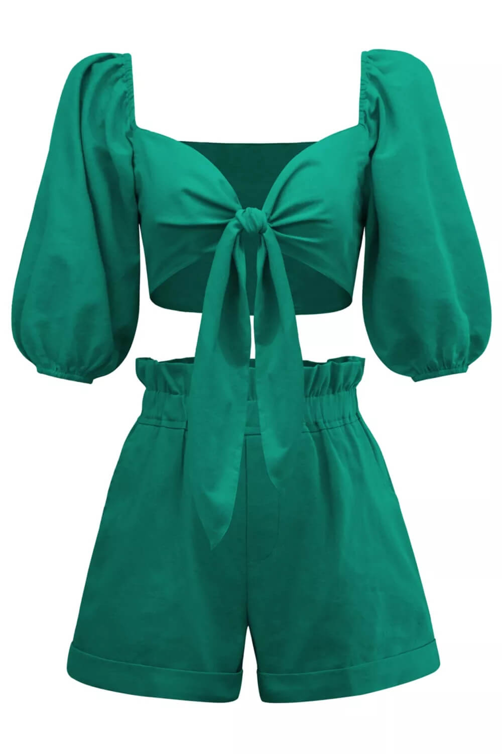 Women's Green Wrap Front Puff Sleeve Shorts Set