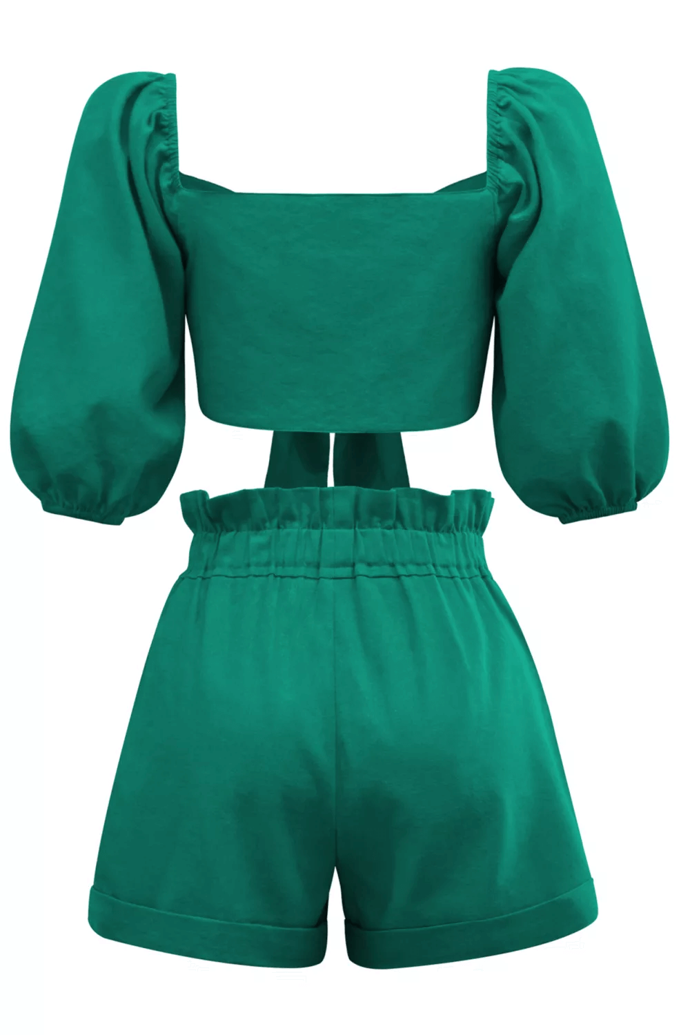 Women's Green Wrap Front Puff Sleeve Shorts Set size chart