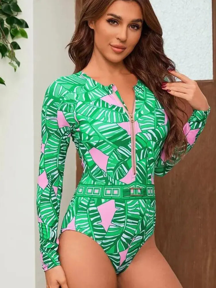 Women's green zip-front long-sleeve surf swimsuit