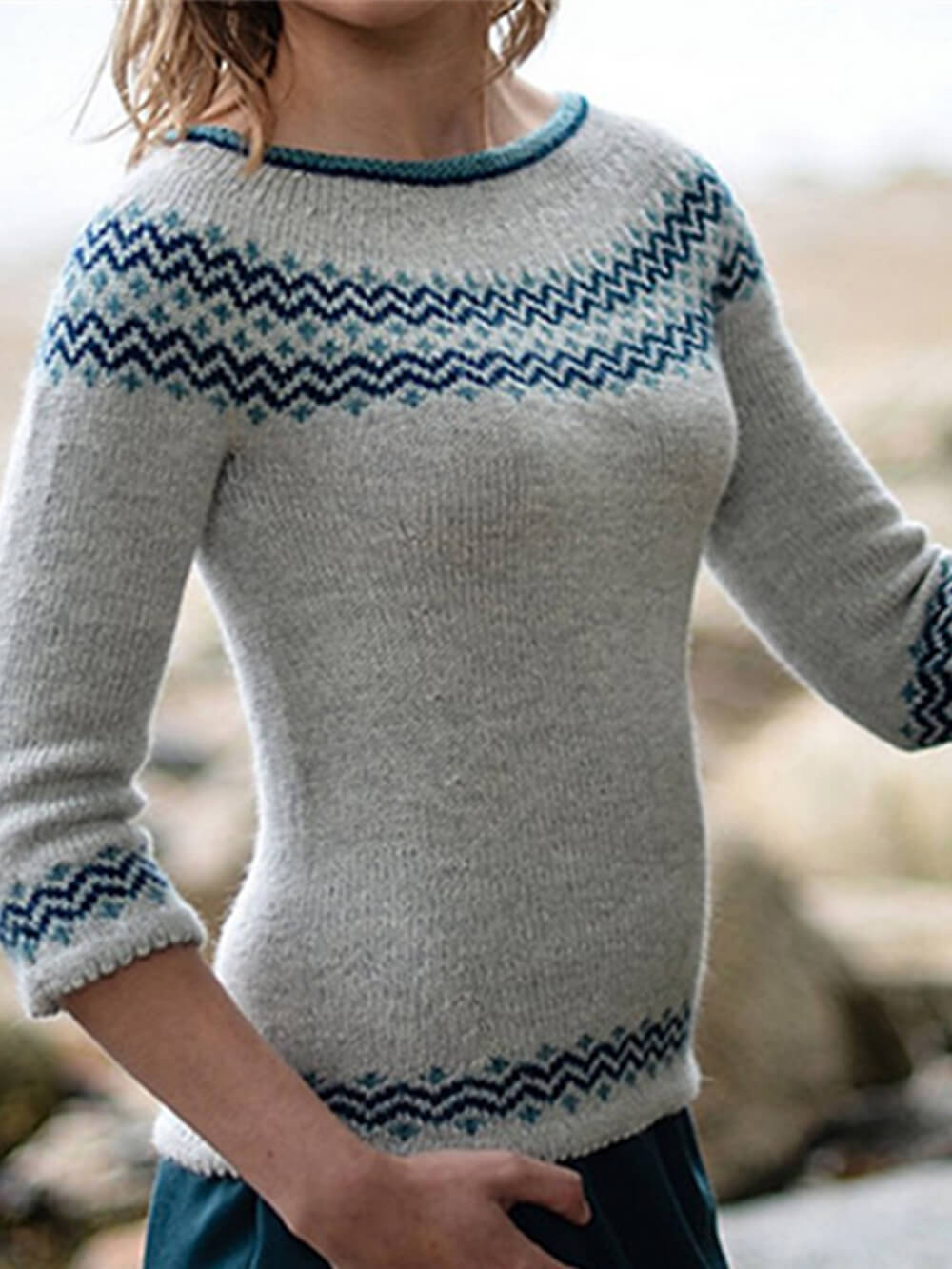 Women's grey crew neck knit sweater
