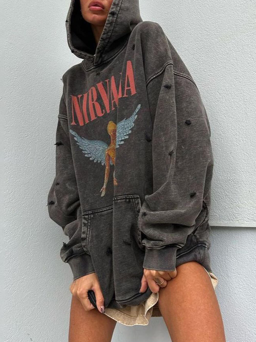 Women's Grey Retro Graphic Hooded Sweatshirt
