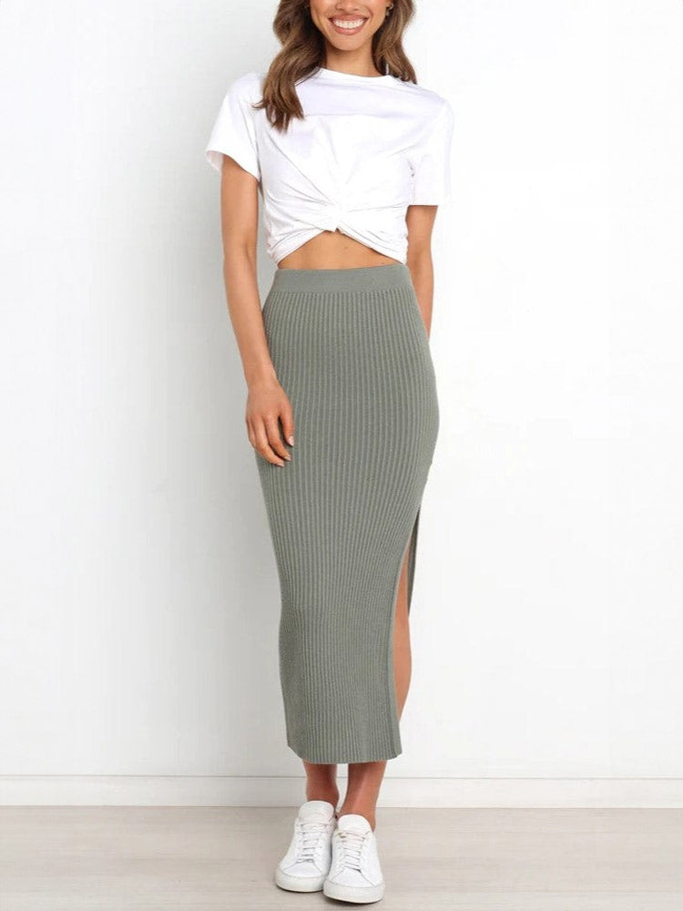 Women's grey ribbed knit midi skirt
