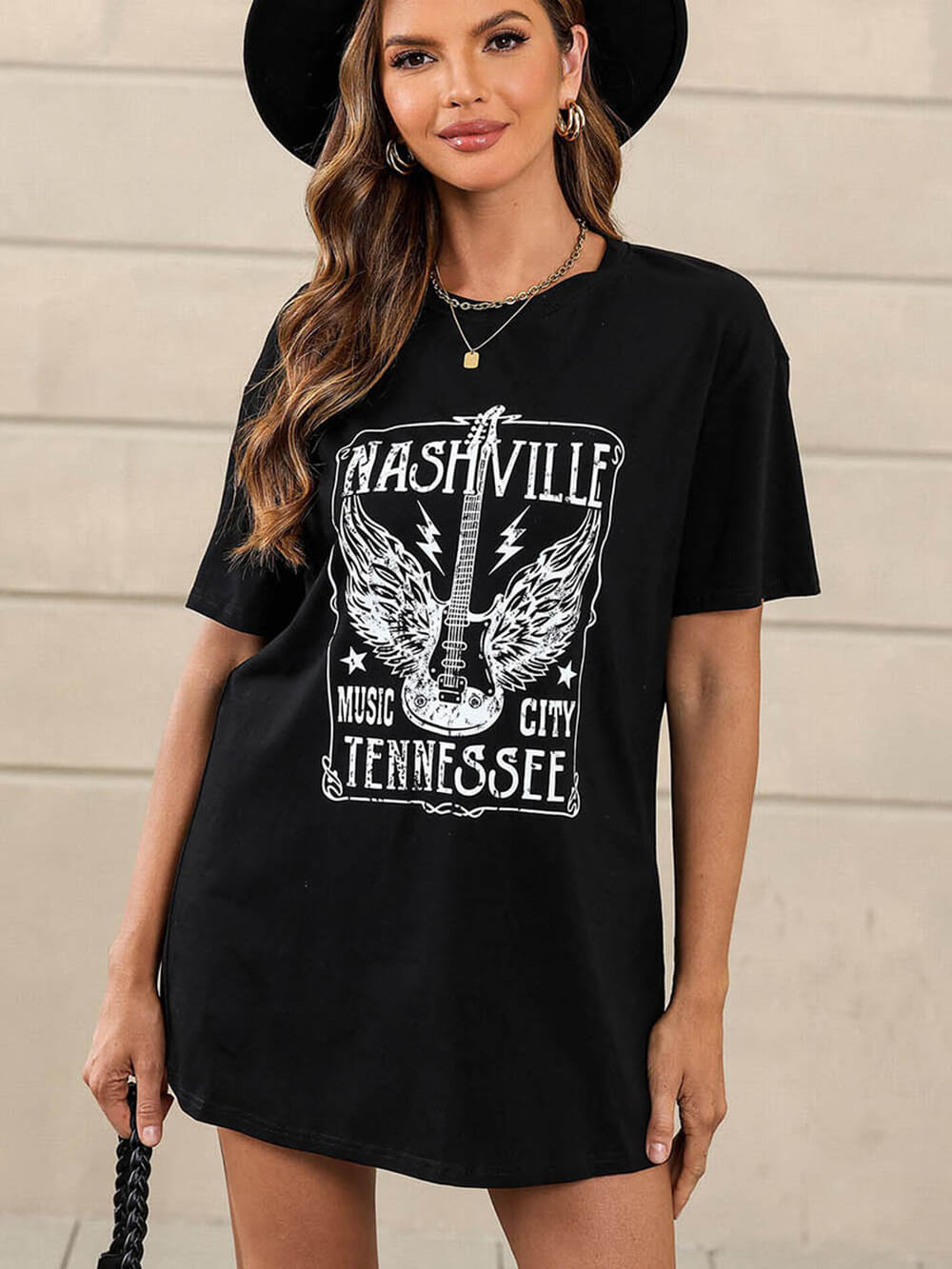 Women's Guitar Print T-Shirt Dress — close-up detail
