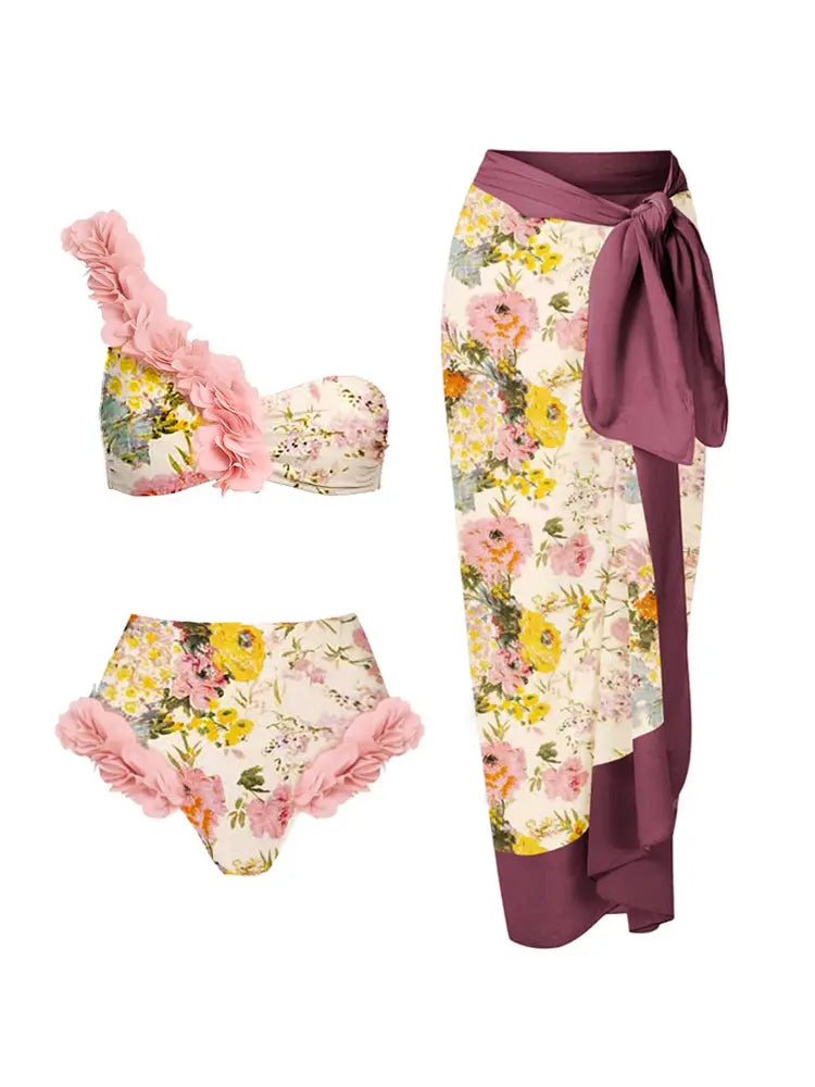 Women's handmade appliqué halter swimsuit and skirt set