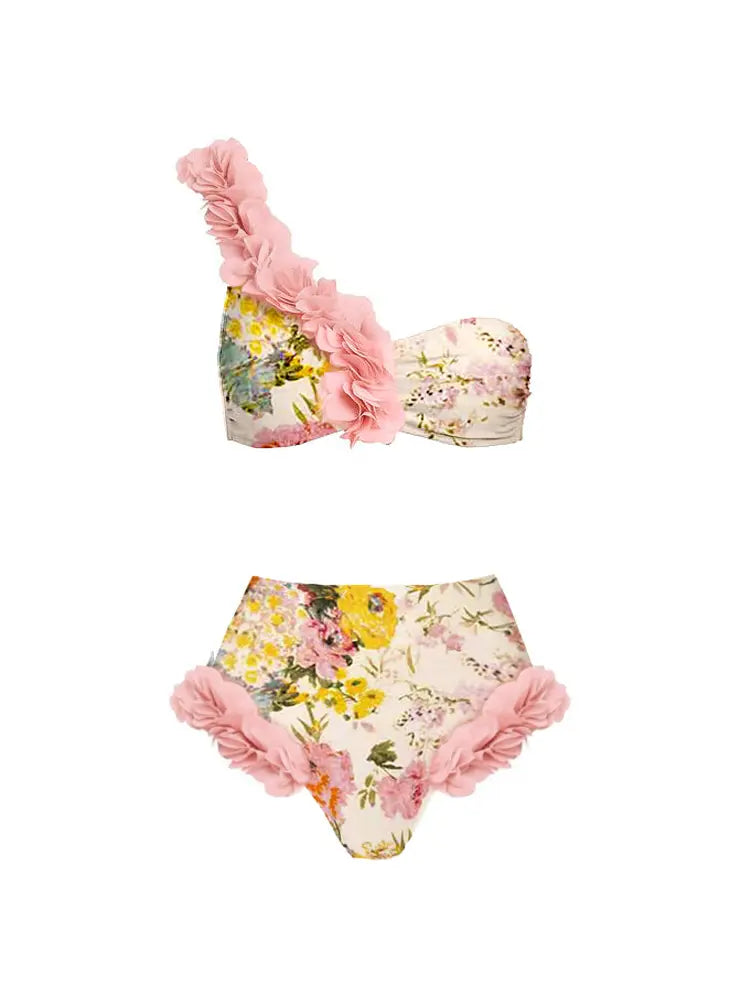 Women's handmade appliqué halter swimsuit and skirt set — alternate angle