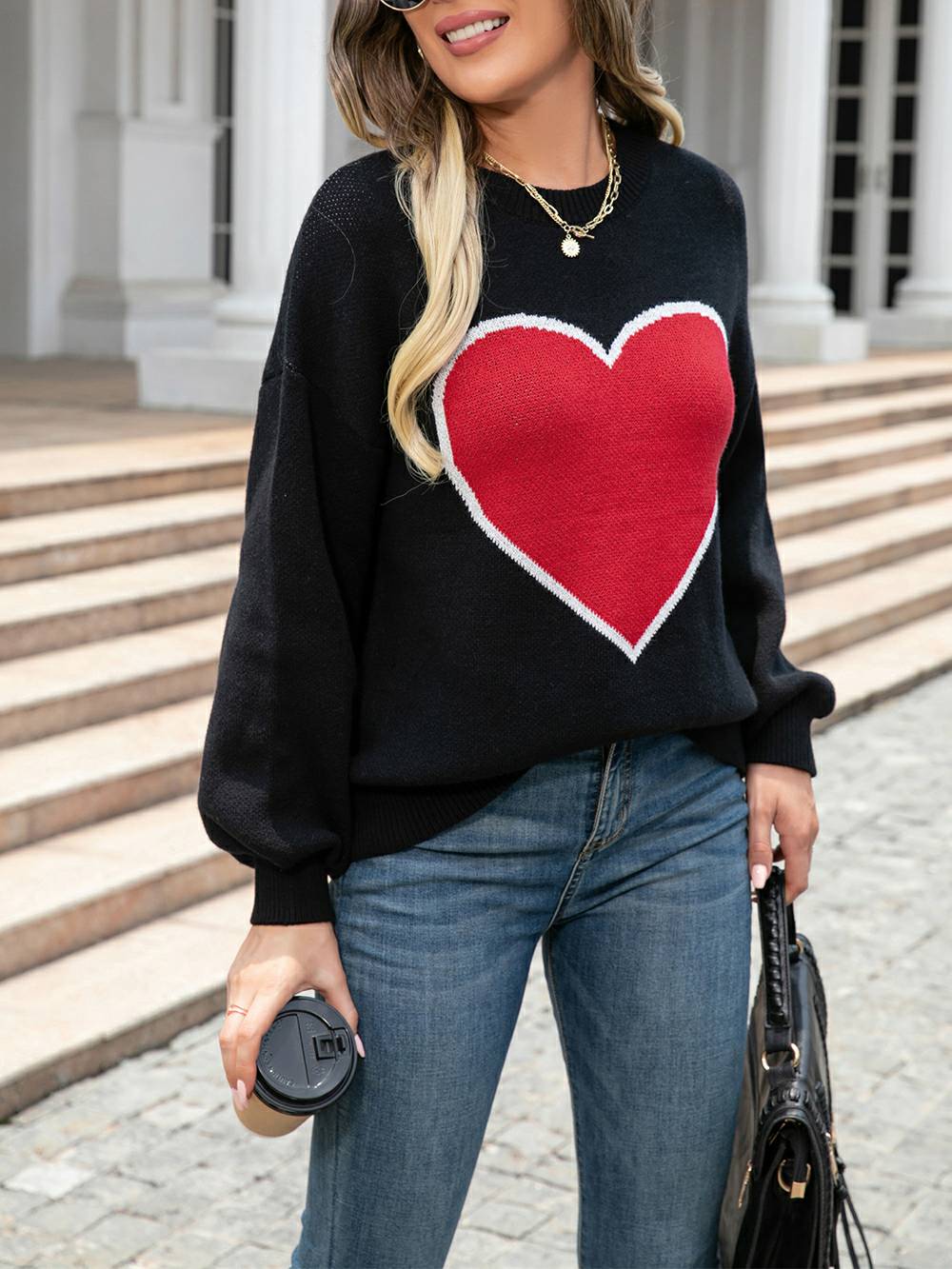Women's Ribbed Knit Jumper with Heart Motif