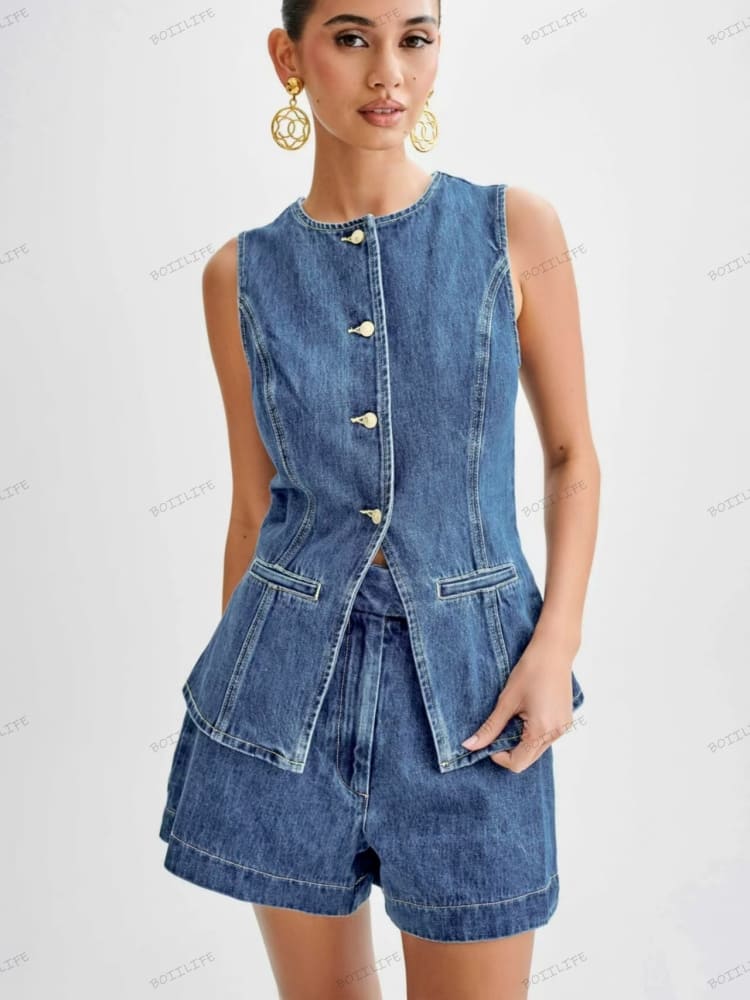 Women's high-waisted denim shorts set — alternate angle