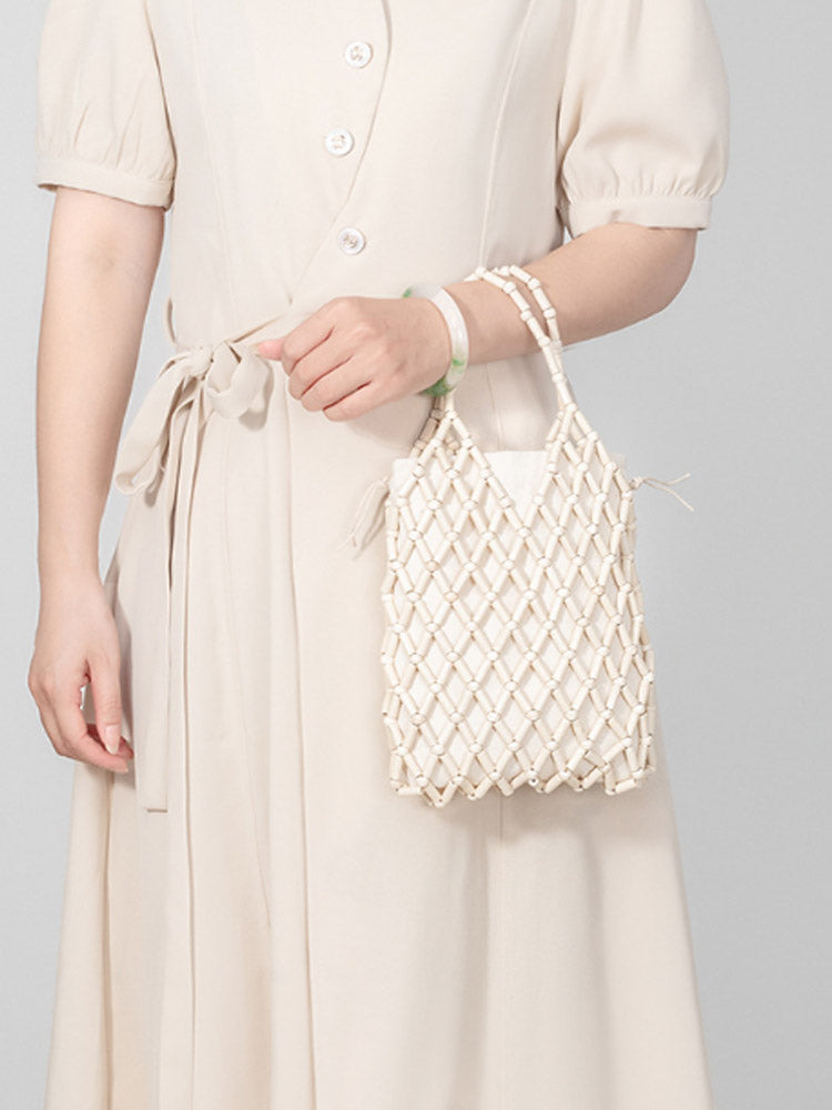 Women's hollow-out wooden bead woven tote bag — alternate angle