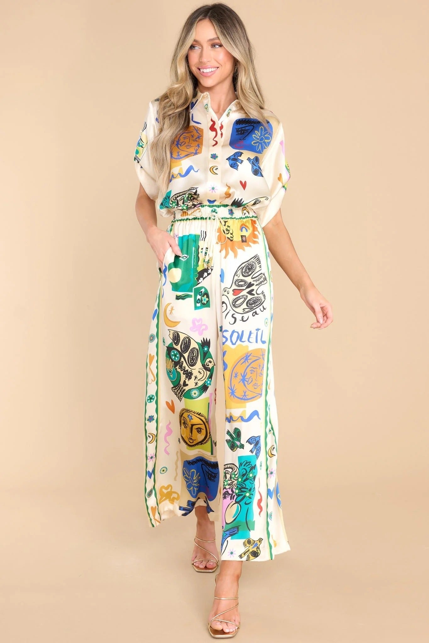Women's ivory print oversized shirt and pants set — back view