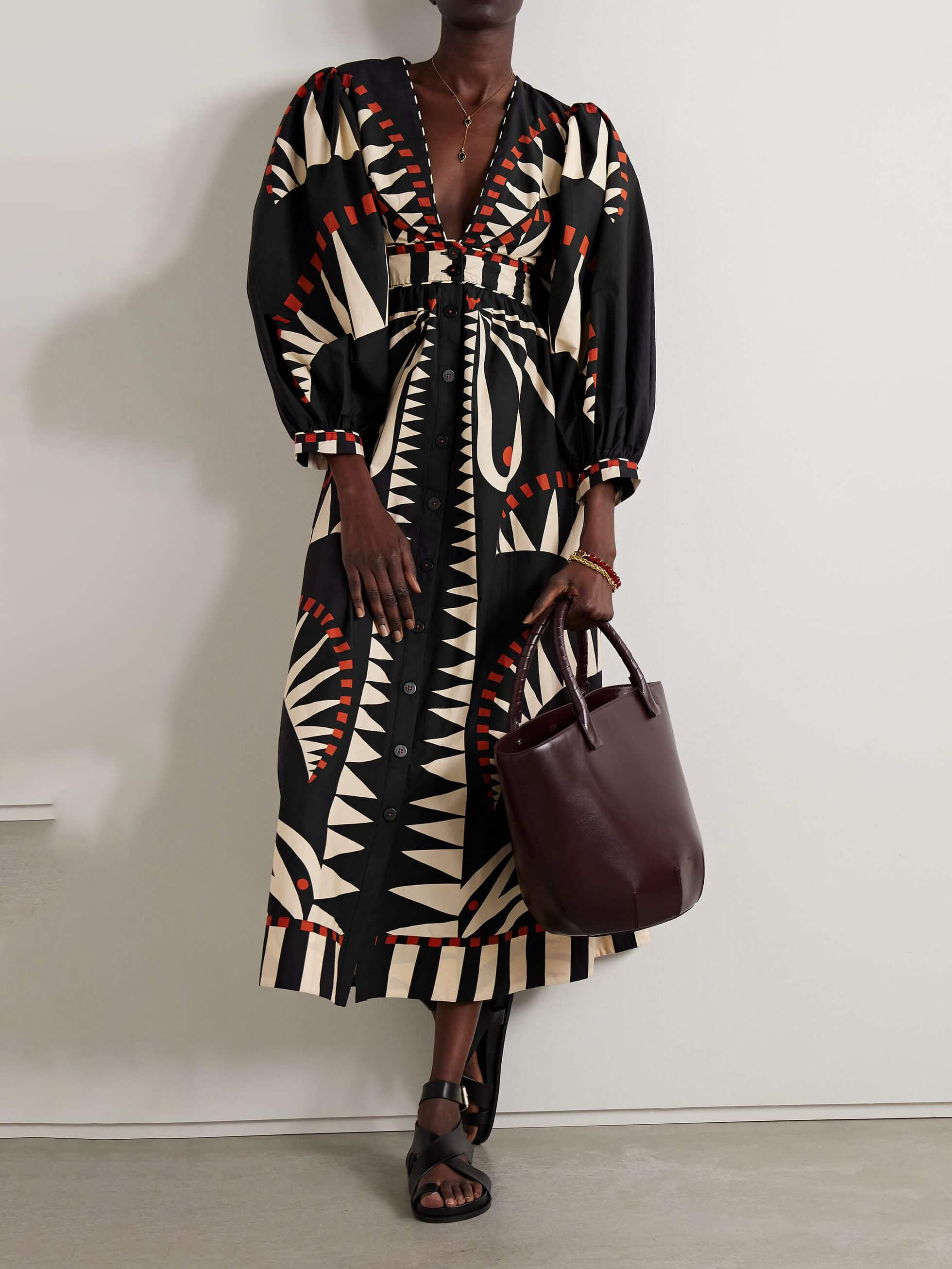 Women's black jungle print puff sleeve midi dress