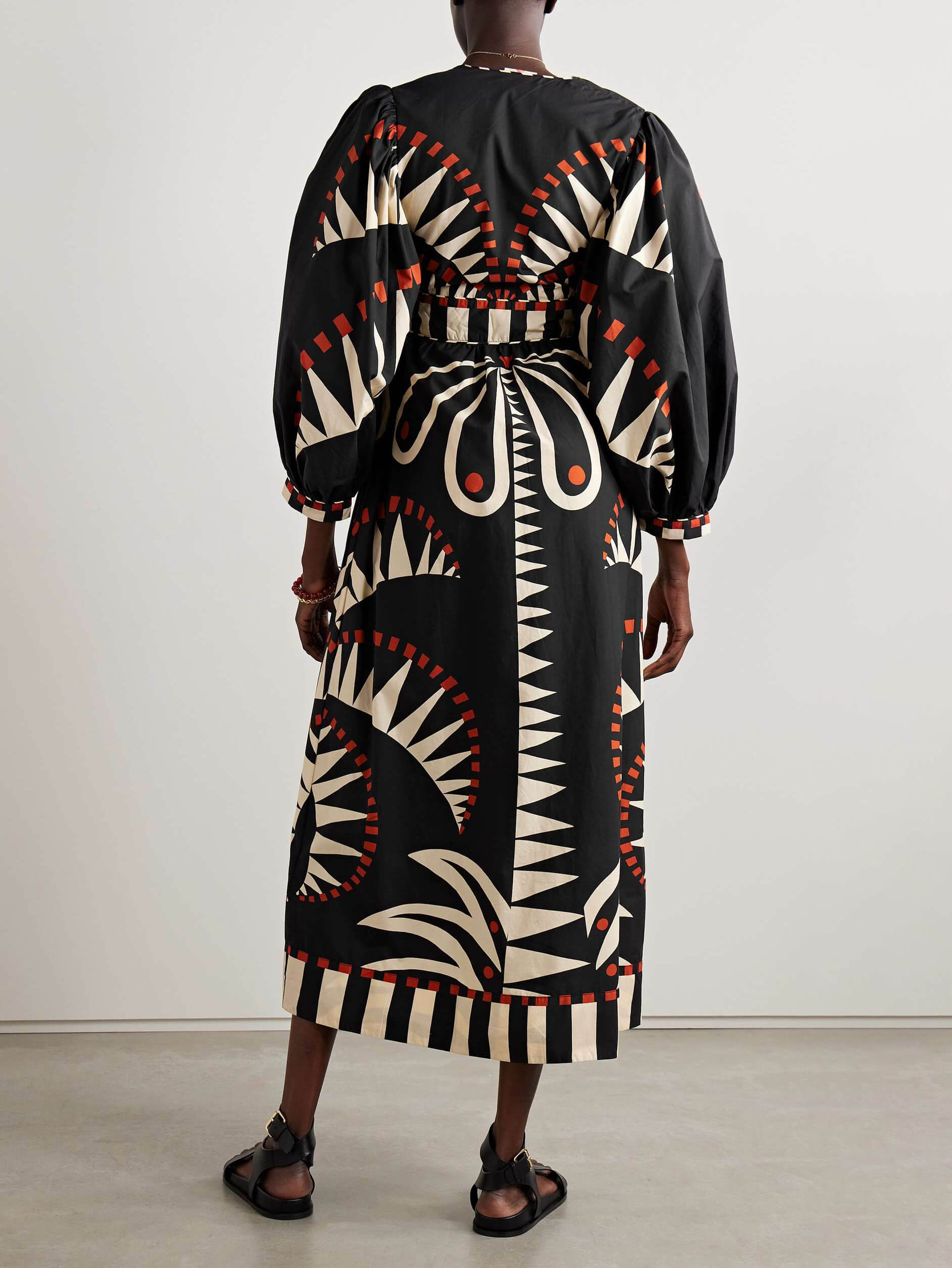 Women's black jungle print puff sleeve midi dress