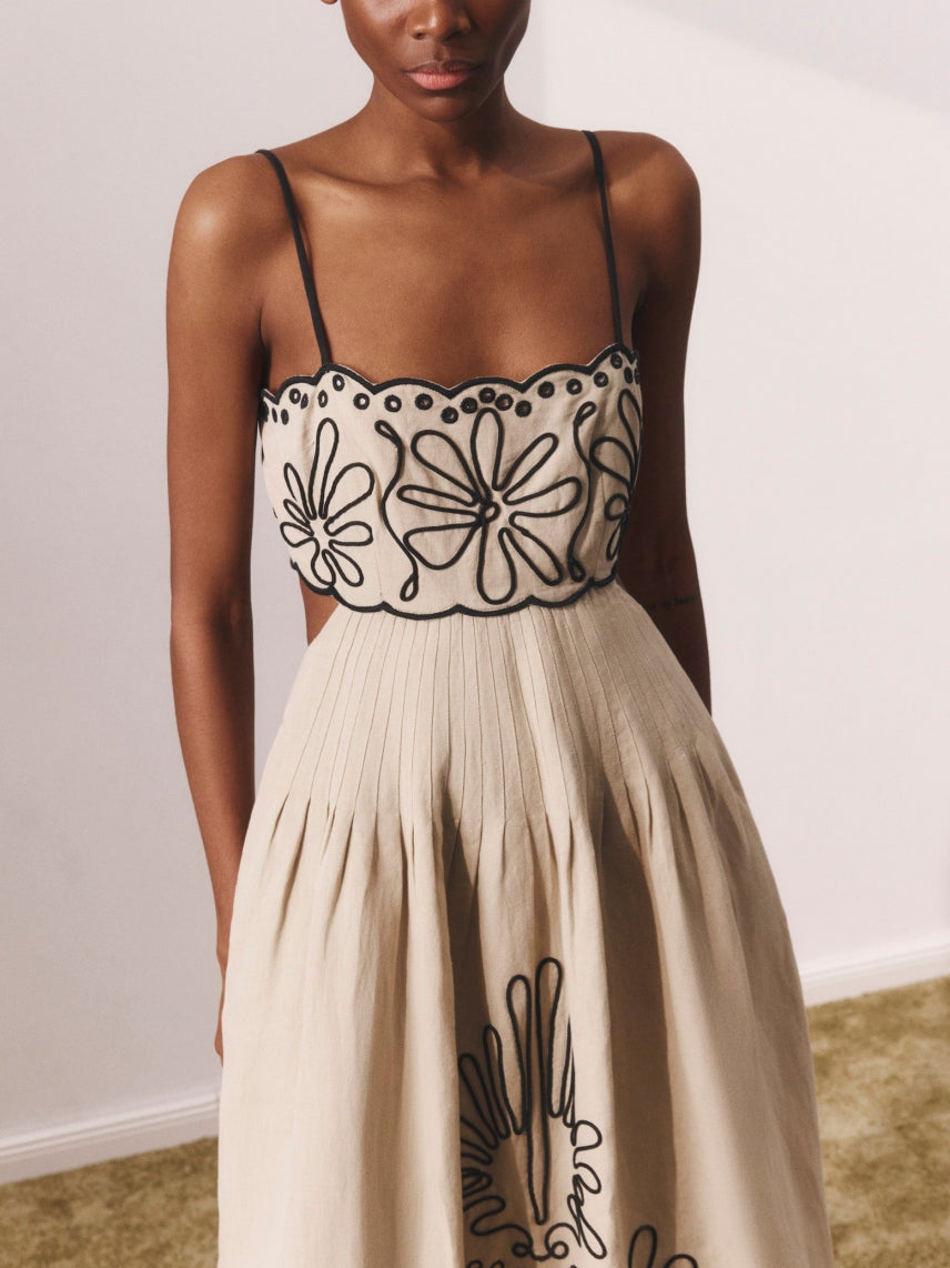 Women's khaki printed strap midi dress — back view