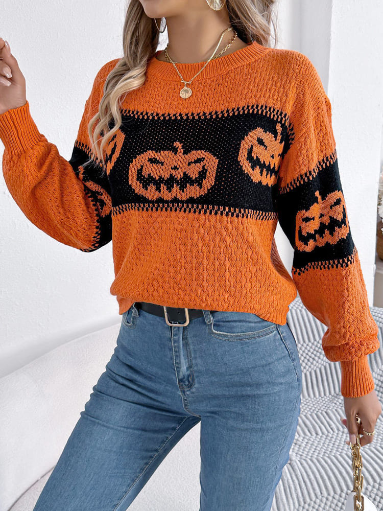 Women's khaki pumpkin colour-block crew jumper