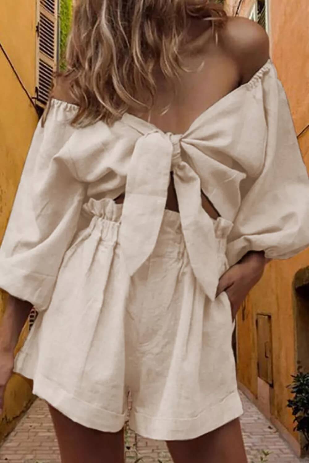 Women's khaki wrap-front puff sleeve shorts set