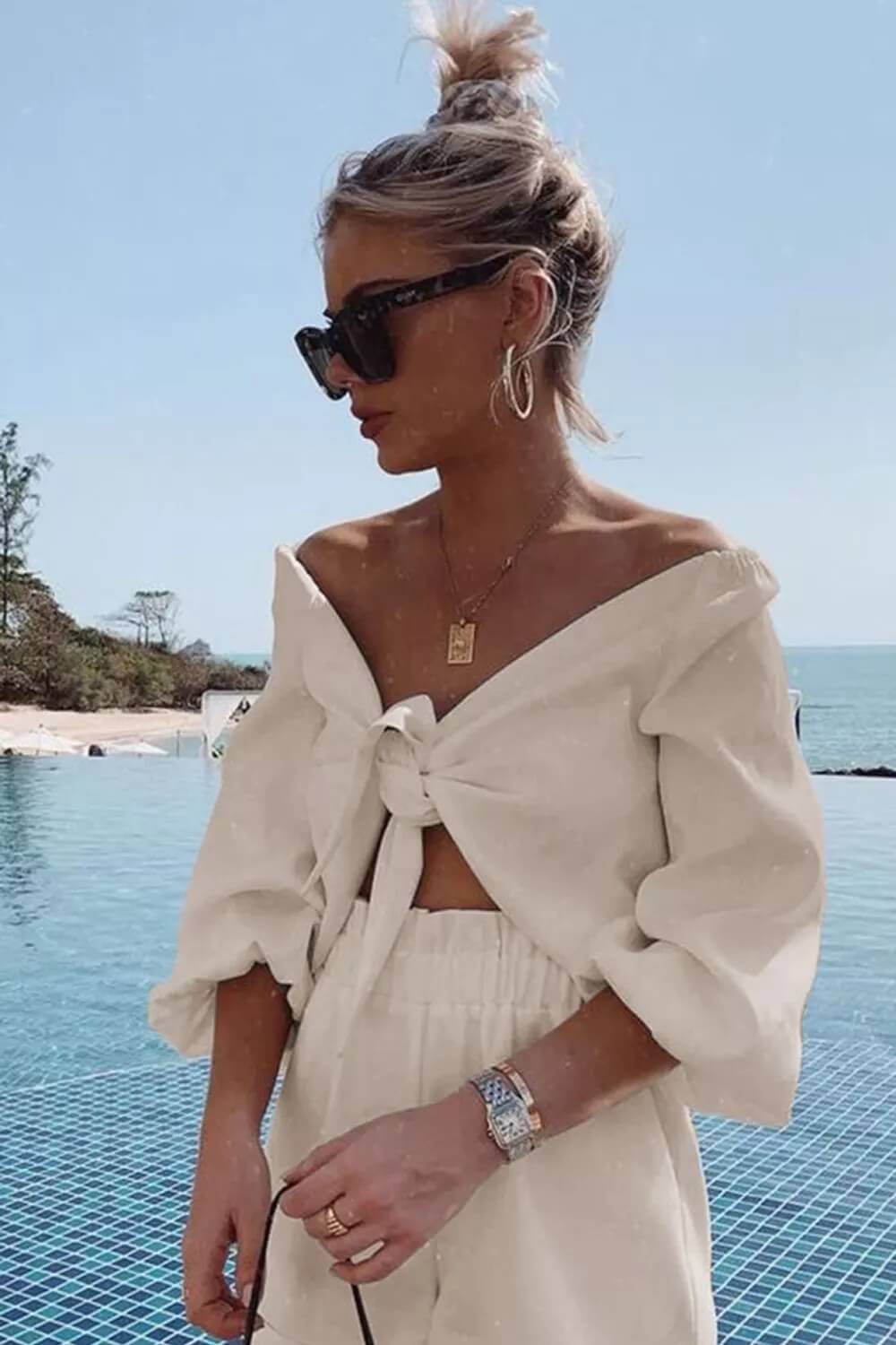 Women's khaki wrap-front puff sleeve shorts set — alternate angle