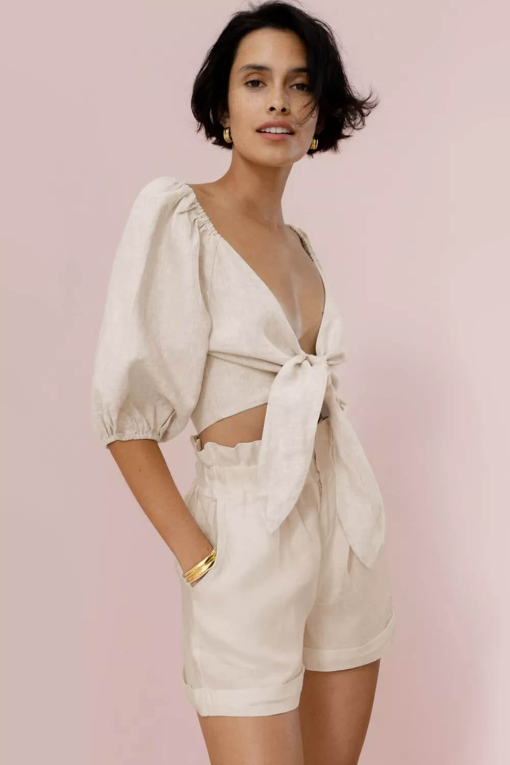 Women's khaki wrap-front puff sleeve shorts set — alternate angle