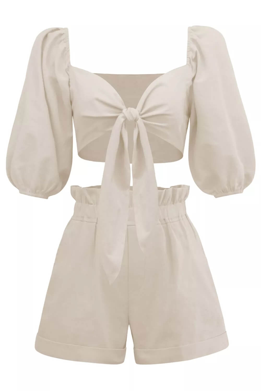 Women's khaki wrap-front puff sleeve shorts set — detail view