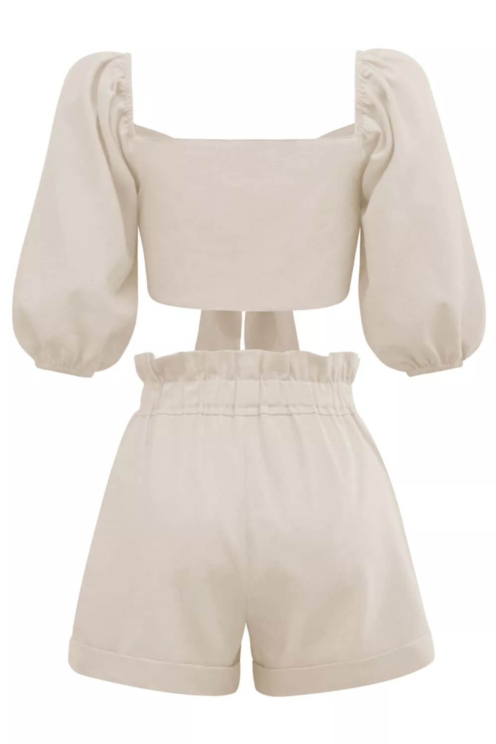 Women's khaki wrap-front puff sleeve shorts set