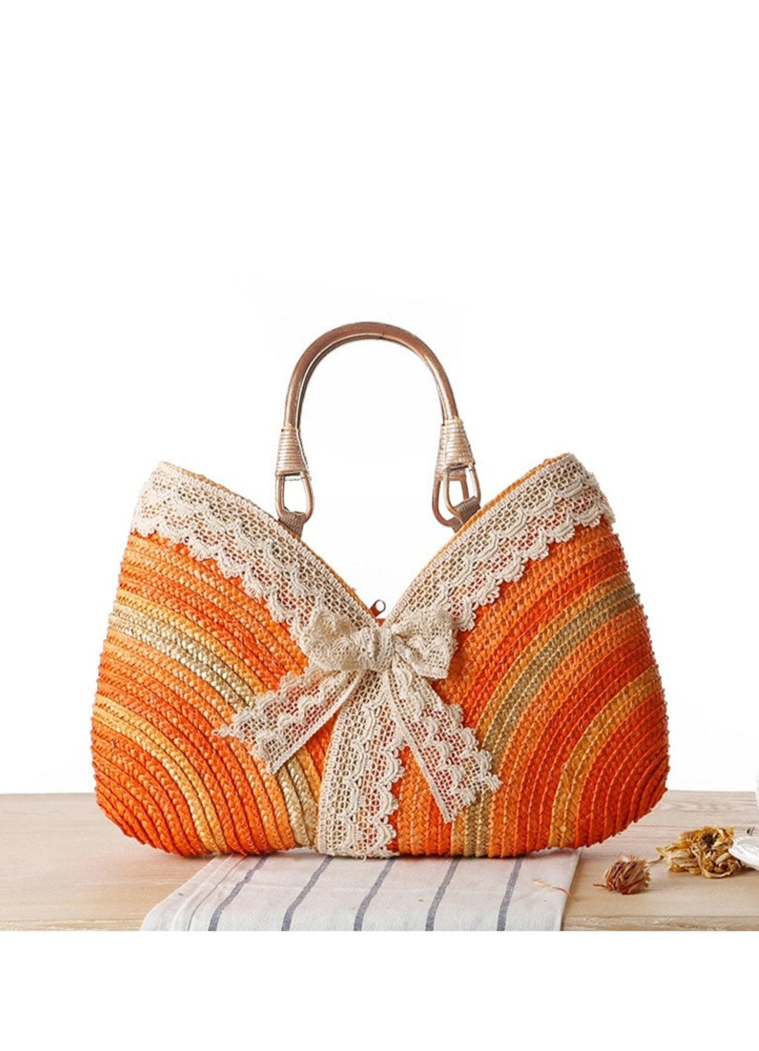 Women's lace patchwork woven tote bag
