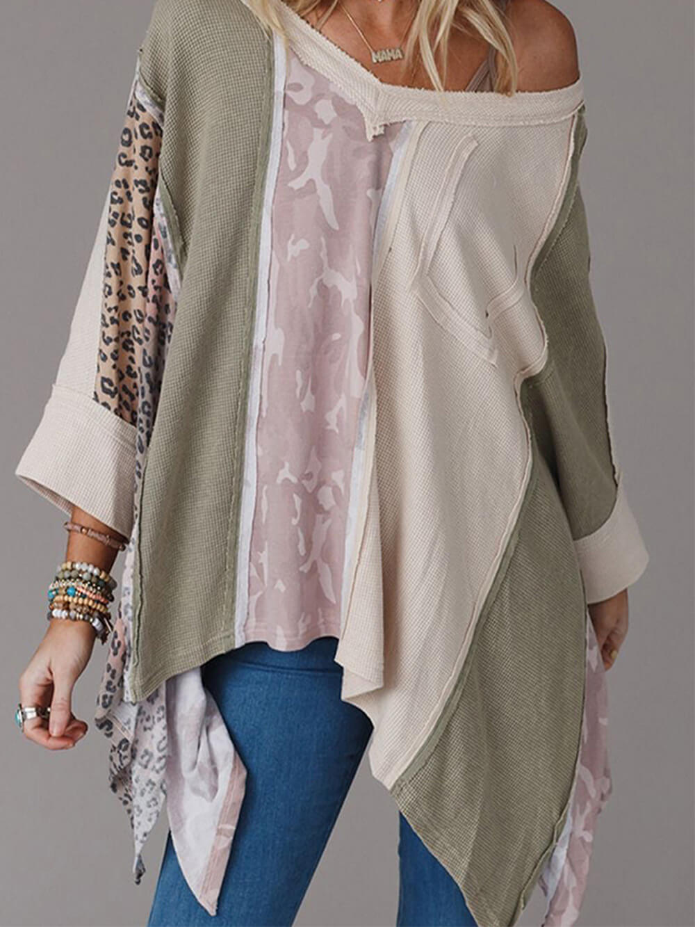 Women's White Leopard Print Patchwork Sweatshirt — close-up detail
