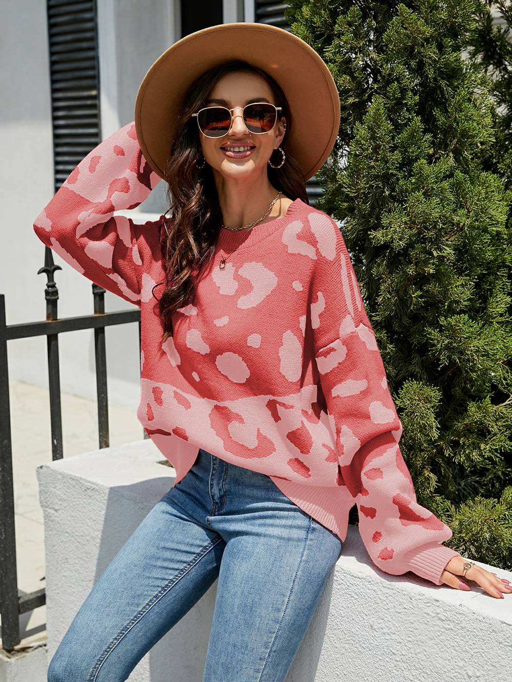 Women's leopard print knit sweater — back view