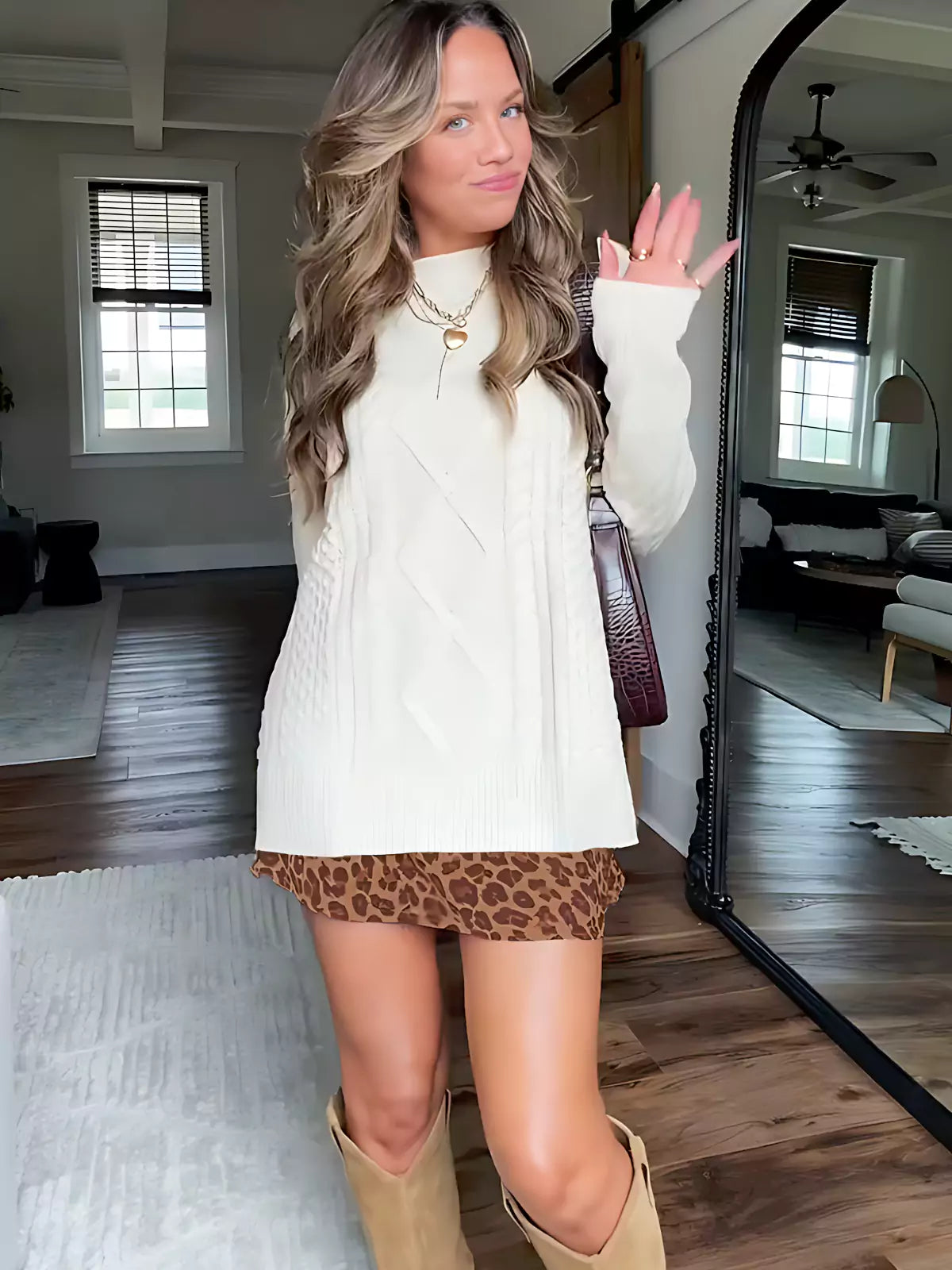 Women's leopard print skort and cable knit sweater set