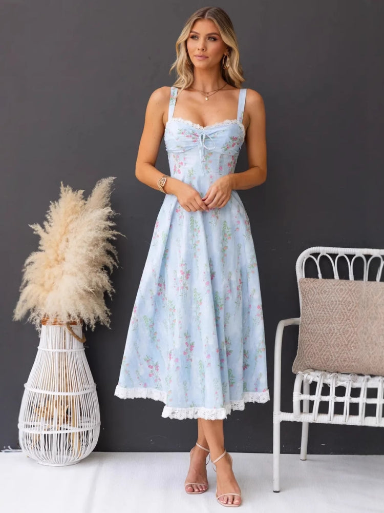Women's light blue printed lace-trim slip dress
