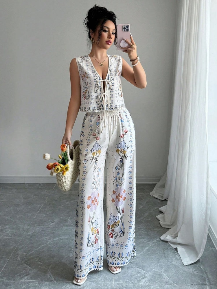 Women's light blue tie-up vest wide-leg trouser set