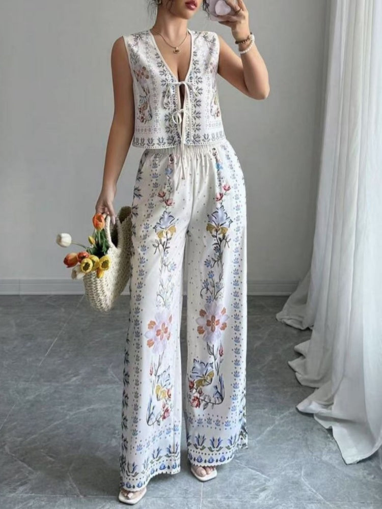 Women's light blue tie-up vest wide-leg trouser set — alternate angle