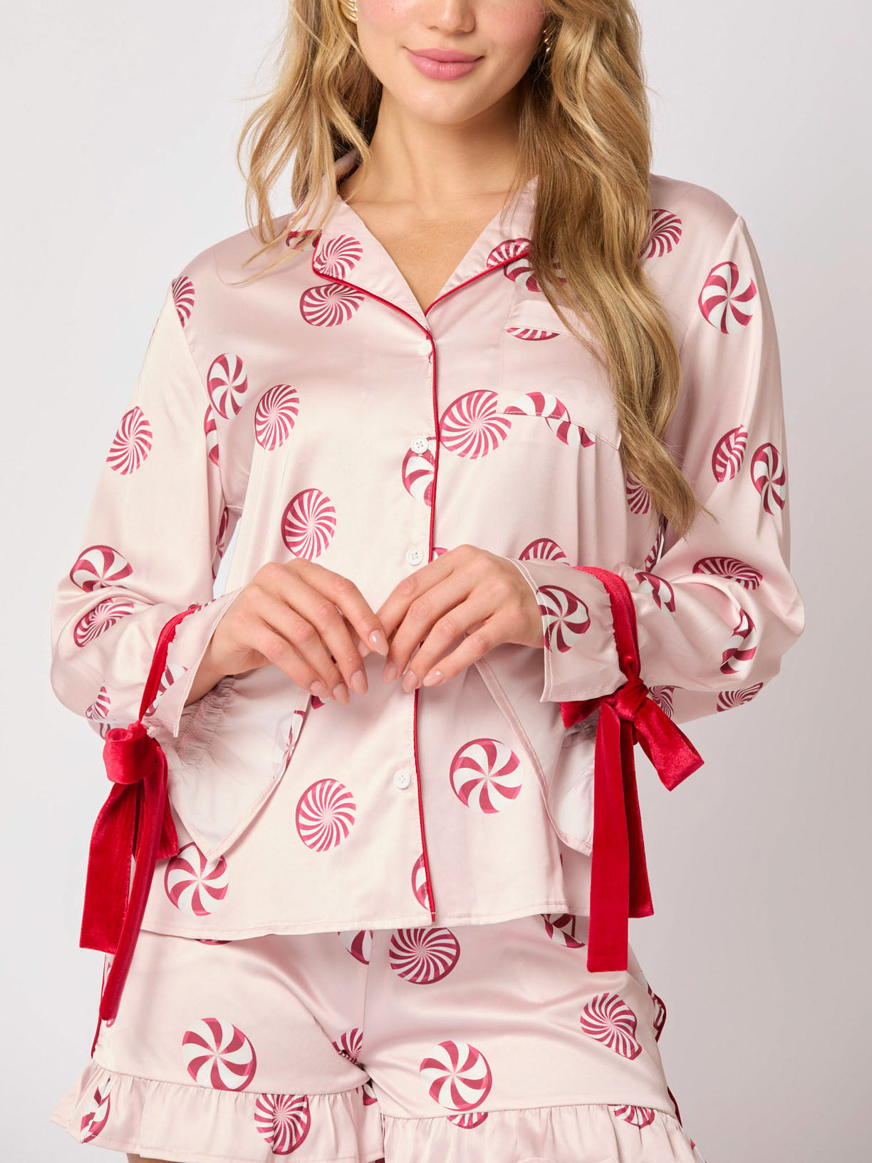 Women's Light Pink Candy Print Velvet-Trim Pajama Set