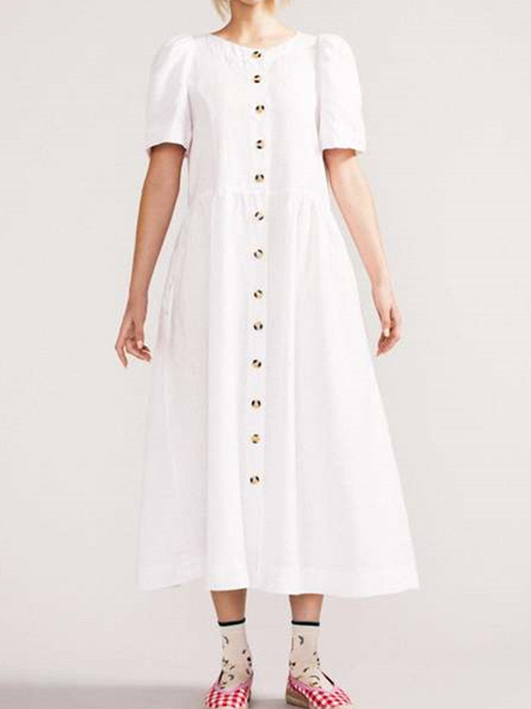 Women's linen button-down V-neck shirt midi dress