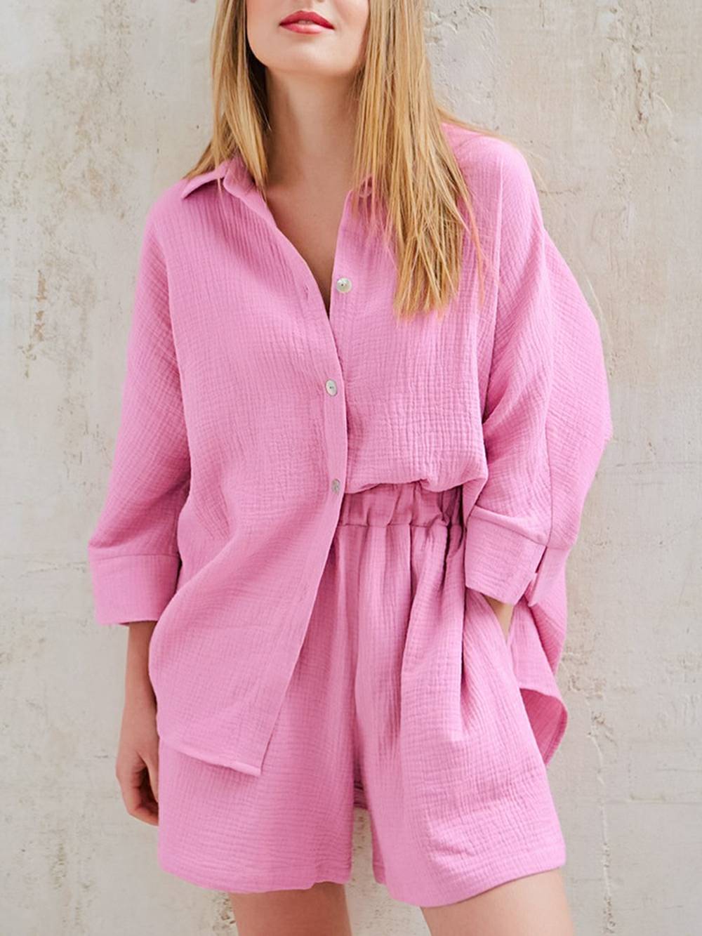Women's linen-cotton blouse and shorts co-ord set