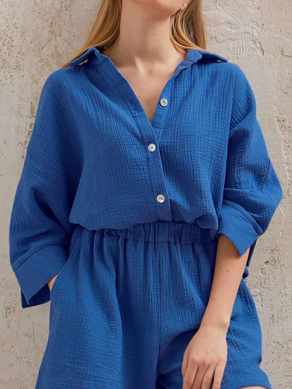 Women's linen-cotton blouse and shorts co-ord set — colour option