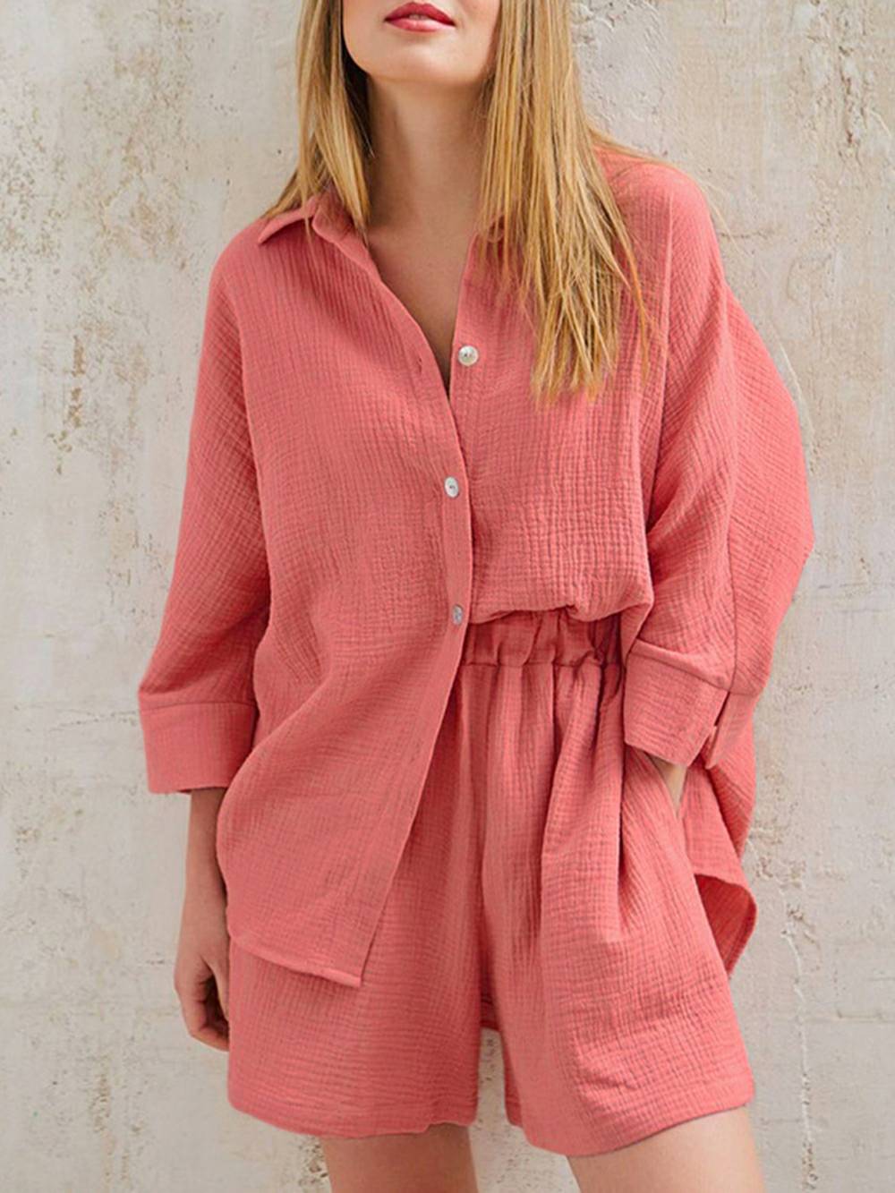 Women's linen-cotton blouse and shorts co-ord set — colour option