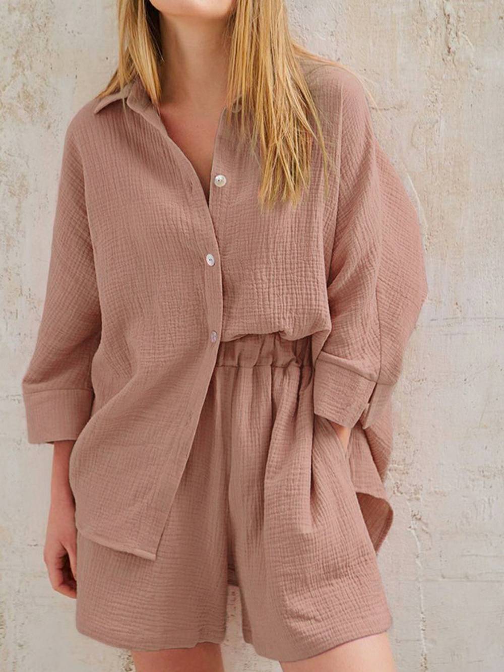 Women's linen-cotton blouse and shorts co-ord set — colour option