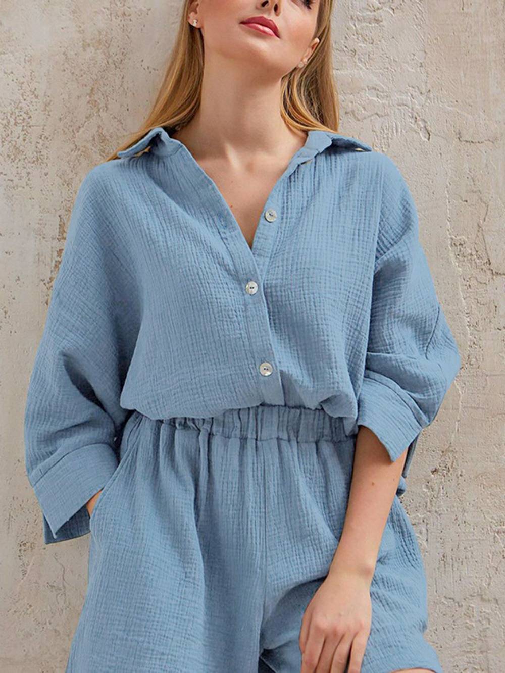 Women's linen-cotton blouse and shorts co-ord set — colour option