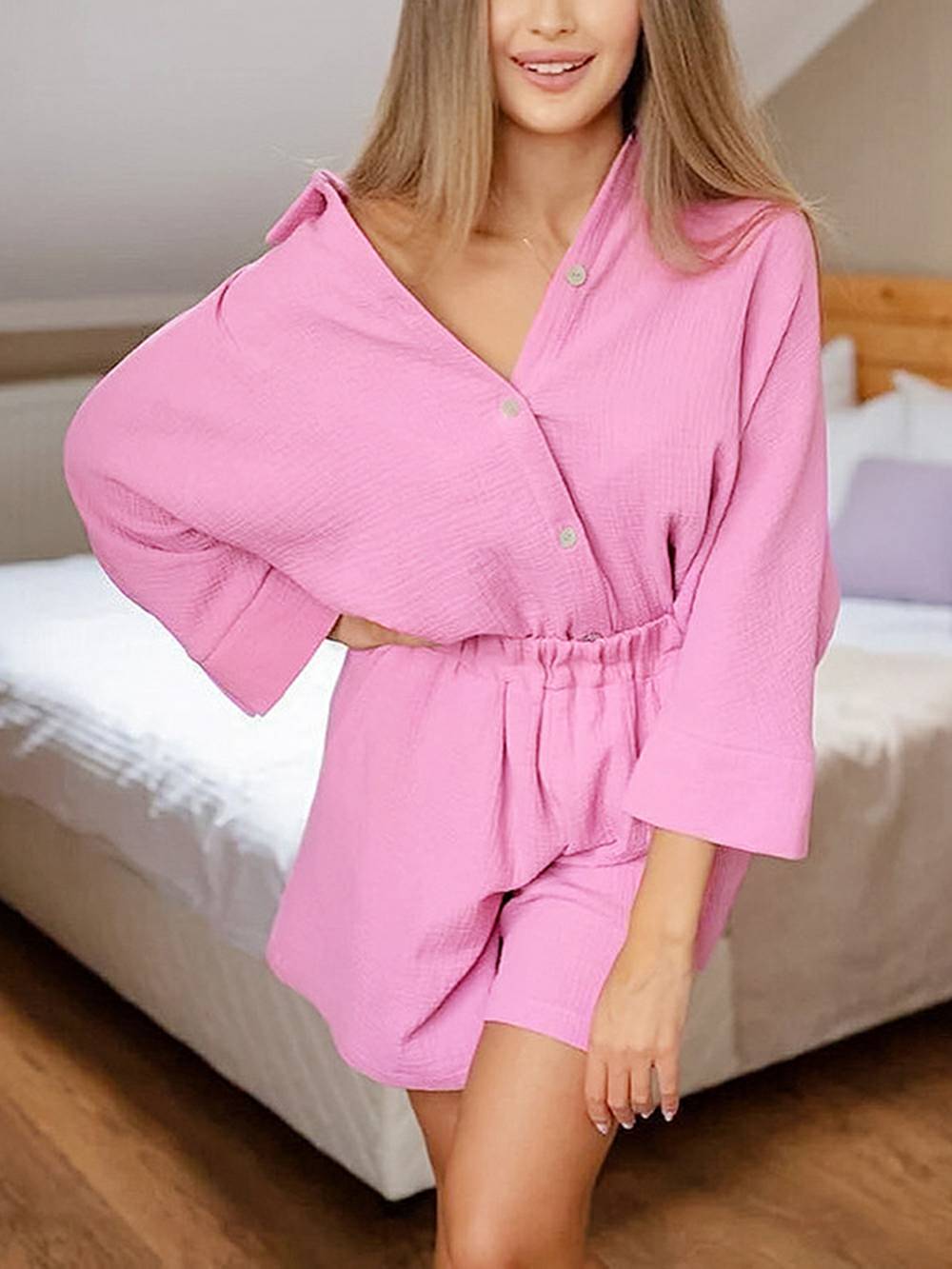 Women's linen-cotton blouse and shorts co-ord set — alternate angle