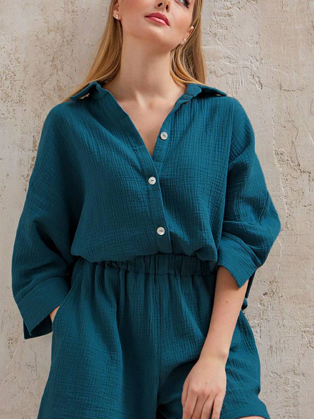 Women's linen-cotton blouse and shorts co-ord set — colour option