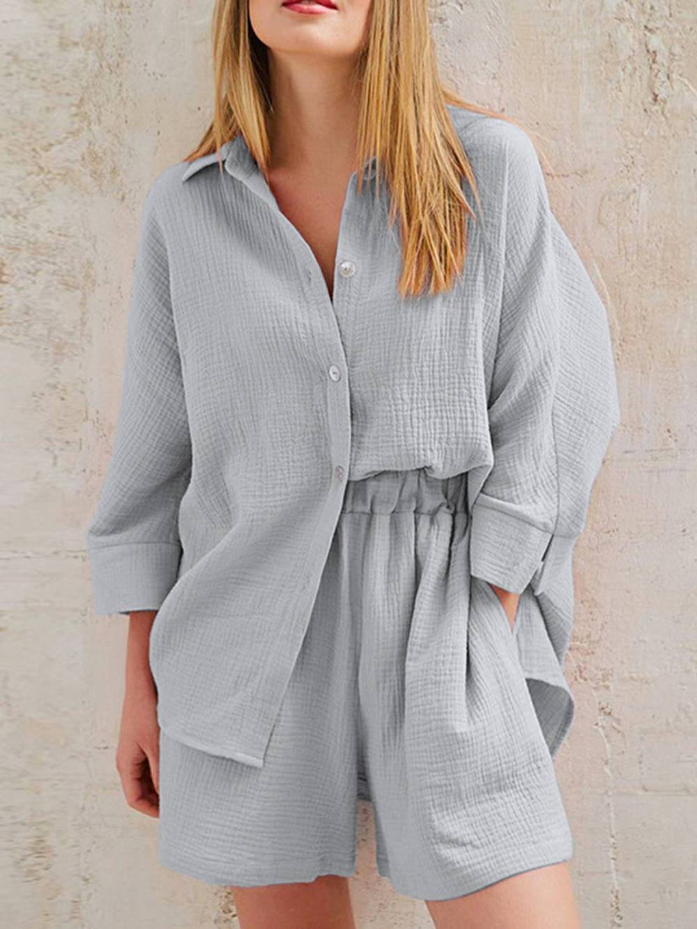 Women's linen-cotton blouse and shorts co-ord set — colour option