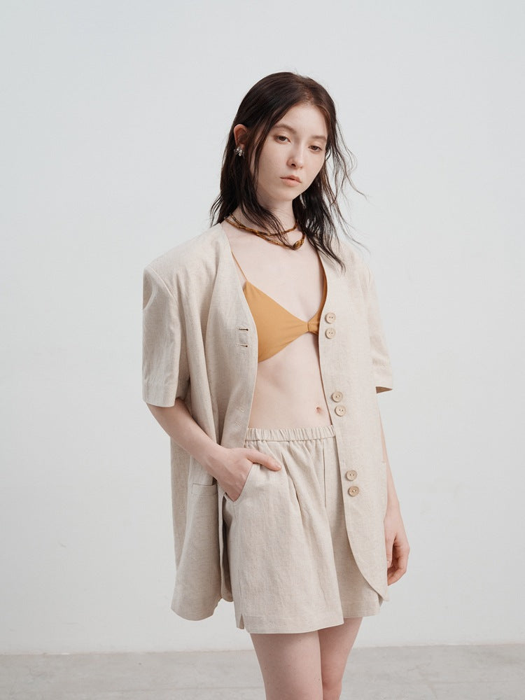 Women's Linen High-Waisted Loose Shorts — alternate colourway
