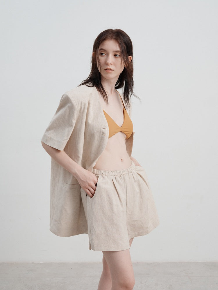 Women's Linen High-Waisted Loose Shorts — fabric detail
