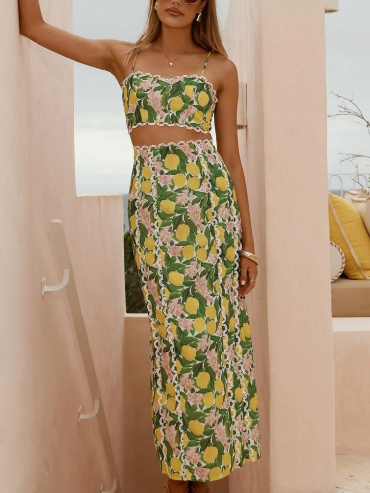 Women's linen skirt set with lace trim and side slit detail