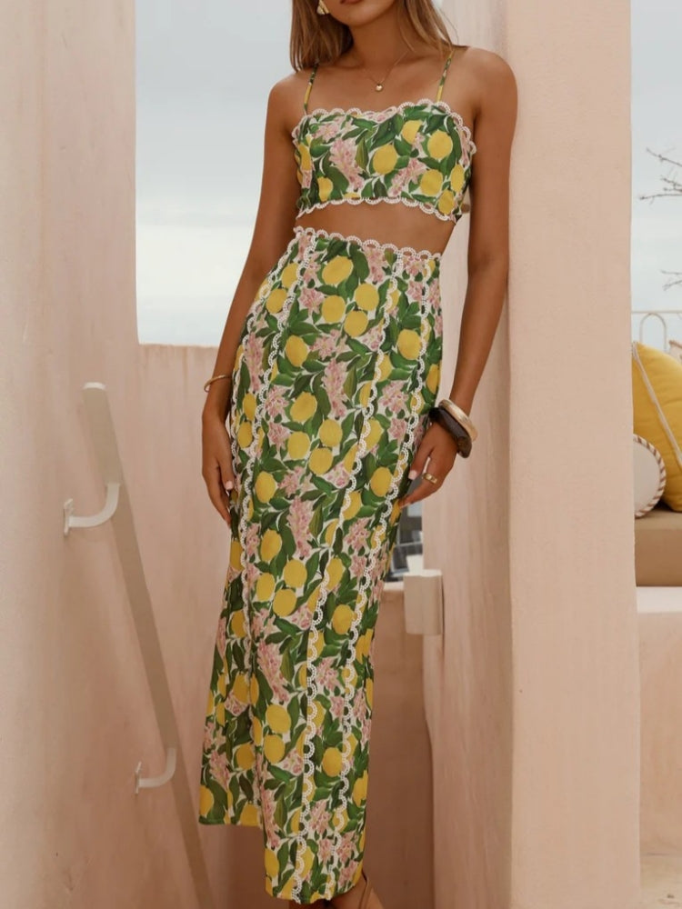 Women's linen skirt set with lace trim and side slit detail