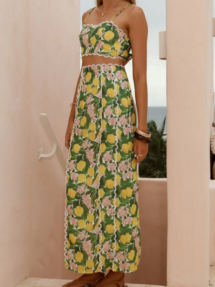 Women's linen skirt set with lace trim and side slit detail